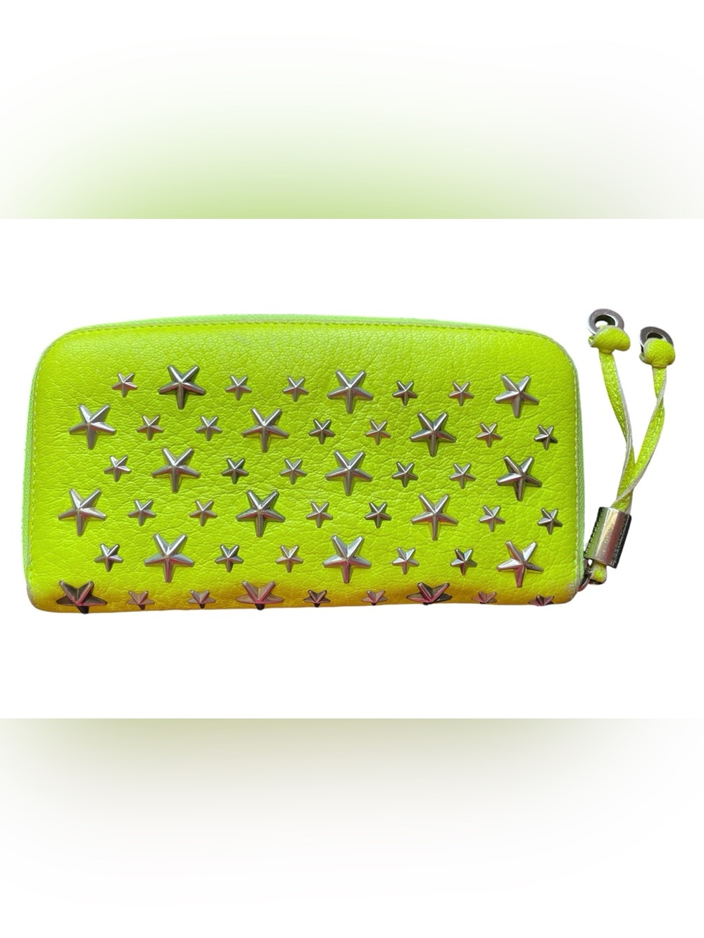Jimmy Choo Neon Yellow Silver Star Studded Envelope Nelli Long Wallet Italy